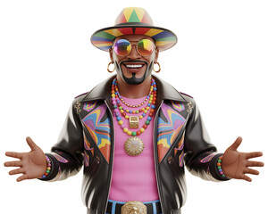 Man In Colorful 70s Style Outfit With Hat And Sunglasses On Black Background fashion retro