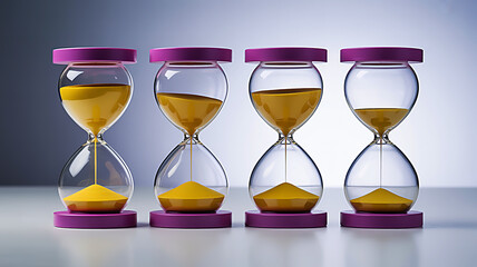 A photograph of four purple hourglasses with flowing yellow sand, illustrating the progressive stages of time passing and approaching deadlines