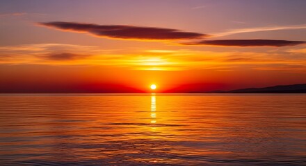 Vibrant Sunset Over Calm Water with Golden Reflection and Streaky Clouds.