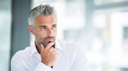 A middle aged man with graying hair and beard looks contemplative resting chin on hand wearing white dress shirt in mode