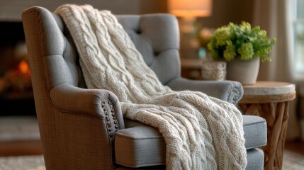 Cozy armchair with a textured knit blanket and a plant on a side table