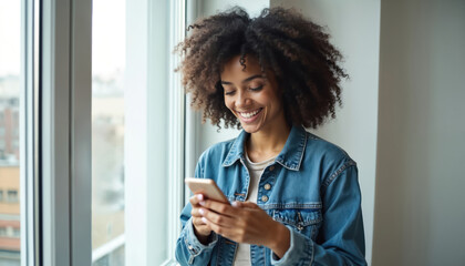 Smiling african woman with curly hair texts on mobile near window in bright room. Young adult uses smartphone, types message. Mobile communication tech and social media concept. Positive emotions.