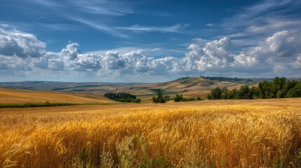 Obraz premium Golden wheat fields and rolling hills under a cloudy blue sky in Tuscany Italy