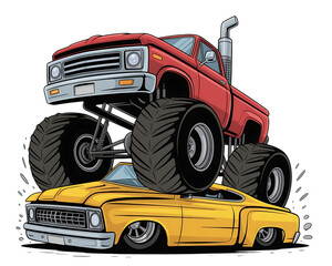 Monster Truck Crushing a Lowrider Car graphic style