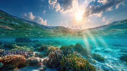 Obraz premium Underwater coral reef teeming with life under a bright sunlit sky with visible sunbeams