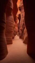 Smooth flowing sandstone canyon walls bathed in warm light leading down a sandy path