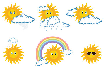 Colorful weather set collection cloud, sun, rainbow, rain, wind with face eyes emotion on white background .