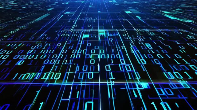 3D floating grid of glowing blue binary code (0s and 1s) black background, occasional glitch effects with flickering high-tech hacking/security concept, ultra-realistic 4K
