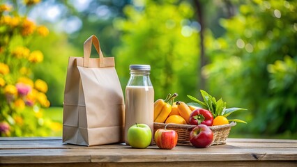 Paper bag, bottle, and fruit basket outdoors