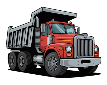 Red dump truck vehicle illustration with silver cargo bed and black background heavy equipment construction