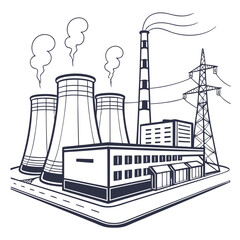 Industrial power plant with cooling towers smokestack and transmission tower emitting steam and smoke