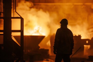 Steelworker supervising molten metal in foundry at steel mill