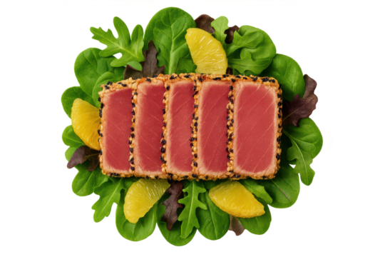 Seared ahi tuna slices on fresh greens, isolated on transparent background.