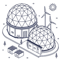 Futuristic geodesic dome structures with solar panels and wind turbines representing sustainable energy innovation © md shuvo1122