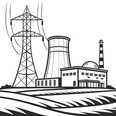 Industrial power plant with cooling tower and transmission tower generating electricity in a stylized landscape
