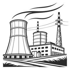 Industrial power plant with cooling tower smokestack and transmission tower emitting steam and smoke