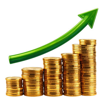 Increasing stacks of golden coins with a smooth upward green arrow, representing financial success and growth with an environmentally positive connotation, isolated on a transparent background