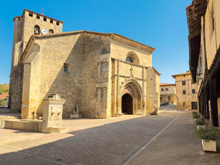 Church of San Pedro in Santa Gadea del Cid, Burgos, Spain. A medieval Romanesque-Gothic temple dating back to the 13th century, declared a cultural heritage site. High quality photography