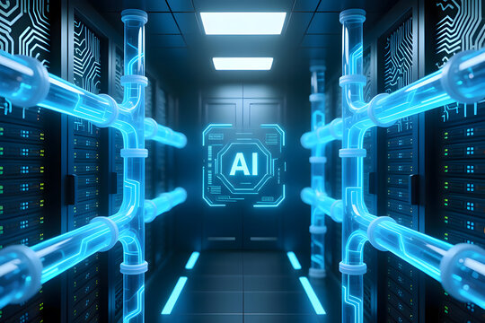 A futuristic, high-tech server room with glowing blue light pipes and a central holographic AI icon.