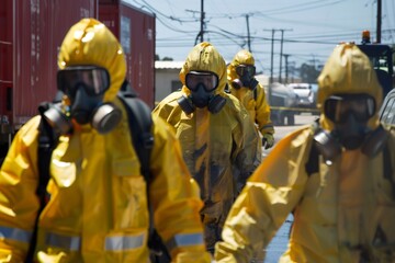 Emergency response team wearing hazmat suits investigating contamination