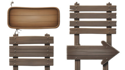 Set of Rustic Wooden Signposts and Directional Arrows on Black Background board