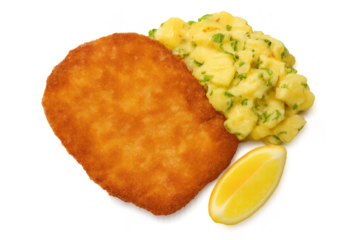 Crispy schnitzel, potato salad, lemon wedge on transparent background.