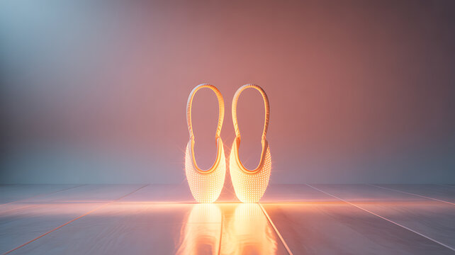 Glowing ballet pointe shoes on a wooden floor with warm lighting