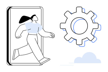 Woman walking through open doorway toward large gear, symbolizing growth, opportunity, innovation, and problem-solving. Ideal for concepts thumbs up technology, collaboration, progress, career