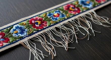 Vintage Floral Embroidered Ribbon Trim Detail.