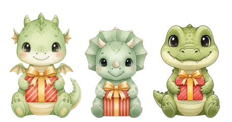 Set  of friendly green dragon, triceratops baby, and little alligator, each holding a wrapped gift. Charming trio of cartoon characters vector illustration. Perfect for children's birthday, Christmas © SunwArt
