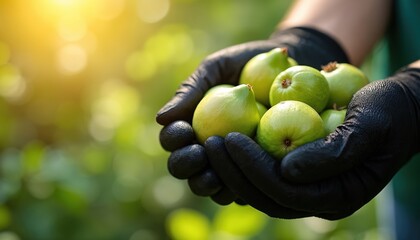 Hands in gloves hold green unripe fruits in garden. Agriculture and farming concept. Farmer harvesting crop in summer. Eco, organic, natural food. Sunlight and outdoors.
