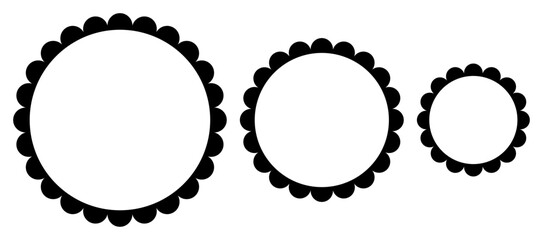 Scalloped circle shape and frame icon. Repeat cute vintage frill ornament. Simple label and sticker form. Clipart image isolated on white background