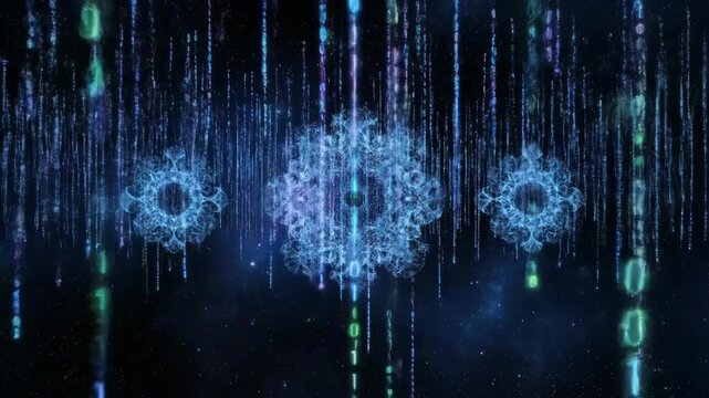 Digital streams of binary code (0s and 1s) in blue, green, and purple cascading in a dark, abstract virtual space.