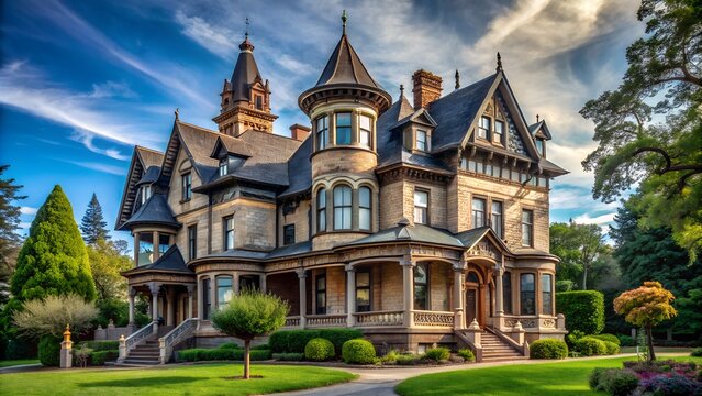 Victorian mansion with ornate architecture and gardens - Powered by Adobe