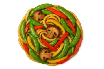 Isolated on transparent background: colorful Asian stir-fry noodles.