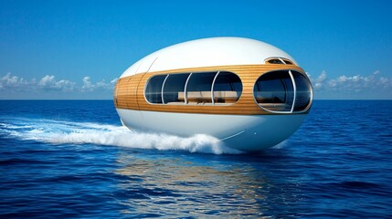 Fototapeta premium Futuristic Egg Shaped Vessel Gliding on a Clear Blue Ocean Under a Sunny Sky