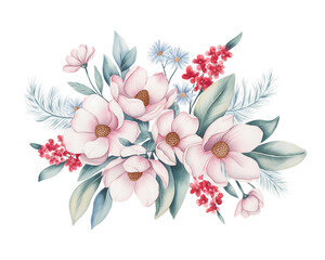 Watercolor Floral Arrangement with Pink Magnolias and Blue Accents flowers