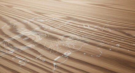 Water droplets on a wooden surface with visible grain.