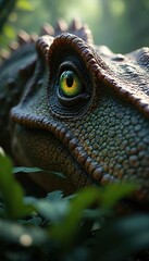 Fototapeta premium Dramatic close-up of dinosaur eye with detailed skin texture, scales. Illustration of prehistoric reptile in green jungle. Ancient extinct animal. Jurassic predator wildlife wallpaper, background.