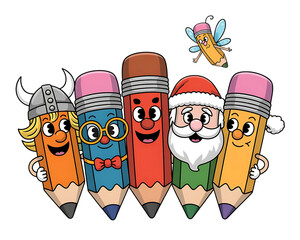 Whimsical Cartoon Pencils Dressed As Viking Santa Claus And Fairy characters funny