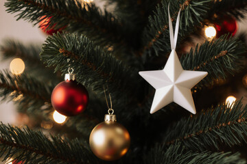 Fototapeta premium Close-up shot of a festive Christmas tree adorned with sparkling ornaments, including red and gold baubles and a white star