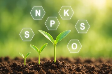 Green sprouts growing from soil with nutrient hexagons plant growth seedlings