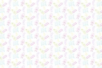 A seamless pattern of colorful doodles featuring a boy, a girl, a ruler, an apple, a pencil, and a notebook.