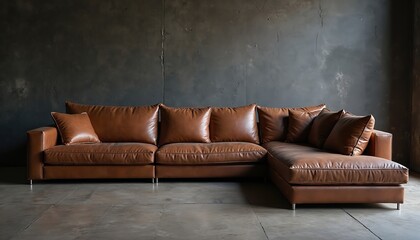 Premium luxury leather sectional sofa with plush cushions. Modern design couch in brown tones. Stylish comfy furniture at cosy living room. Roomy elegant interior lounge for family relaxation.