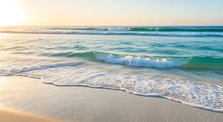 Waves gently lapping on a pristine sandy beach at sunrise.