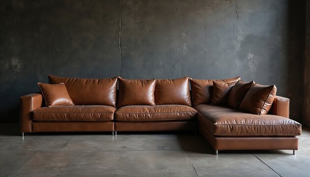 Premium luxury leather sectional sofa with plush cushions. Modern design couch in brown tones. Stylish comfy furniture at cosy living room. Roomy elegant interior lounge for family relaxation.