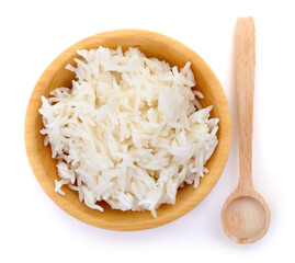 Cooked white rice in wooden bowl isolated on white background