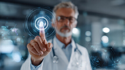Medical professional interacting with futuristic technology display, digital interface elements, healthcare innovation concept, modern lab environment, advanced diagnostics systems.