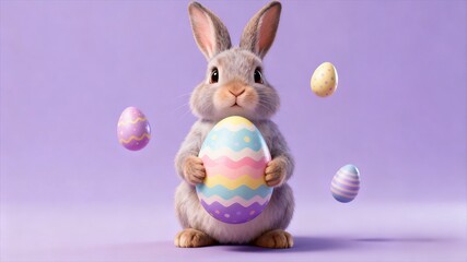 Cute 3D Bunny Holding Large Striped Easter Egg on Purple
