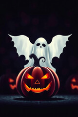Halloween pumpkin with white ghost on dark background, 3d render